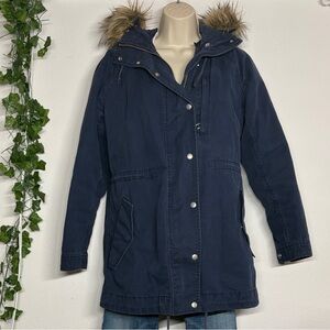 GAP Navy Blue Sherpa Lined Hooded Parka Jacket Faux Fur Trim Size M